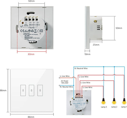 Interrupteur WiFi Alexa Sans Fil Tactile, Commutateur de 3 Canaux Connecté Intelligent, Commande à Distance Par Téléphone, Relais Compatible avec Google Home