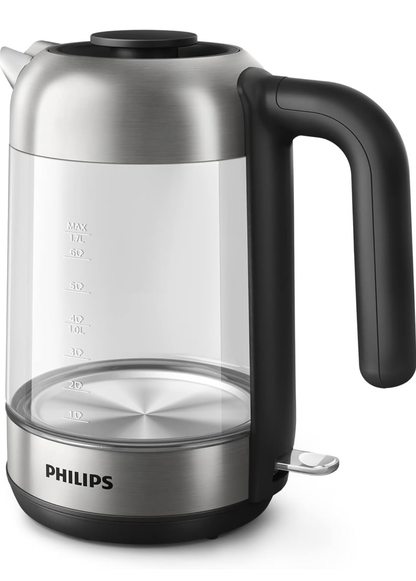 Philips Série 5000 Bouilloire Électrique en Verre - Capacité 1,7L, Résistance Plate pour Ébullition Rapide, Tamis Anti-Calcaire, Base 360° Sans Fil, Couvercle Amovible, Voyant Bleu (HD9339/80)