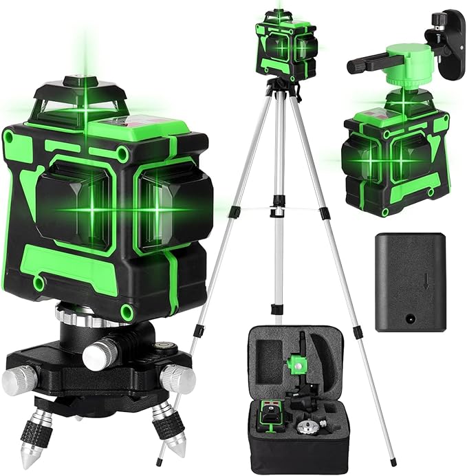 Niveau Laser Vert en 3 x 360 3D 12 Lignes avec Fonction 3° D'auto-Nivellement Auto-équilibrage du Niveau Laser Multifonctionnel 12 Lignes Lignes Horizontales Verticales a Trépied (1 Batteries)