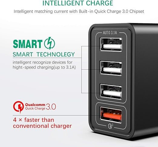 Chargeur Secteur USB, QC 3.0 30W/6A 4 Ports, Quick Charge 3.0