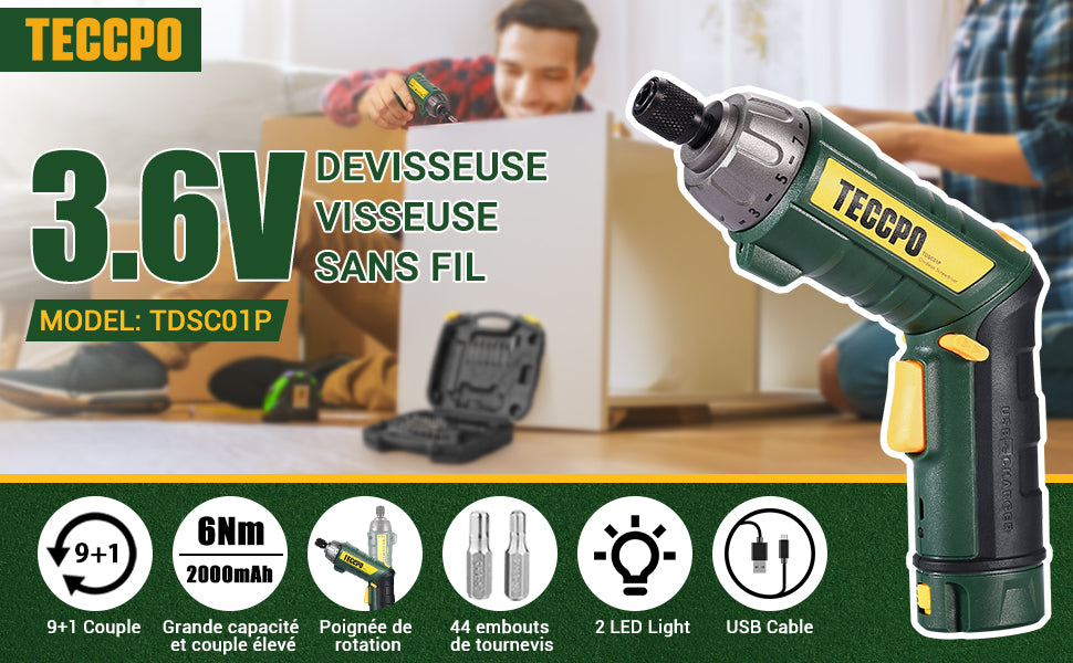 Visseuse sans Fil 6Nm, TECCPO Tournevis sans Fil, 2000mAh avec 45 accessoires, 2 Lampe LED, Chargeur USB, 9+1 Reglages du Couple, 2 Position Poigne Reglable, Boîte Compacte, Meilleur Cadeau DIY …