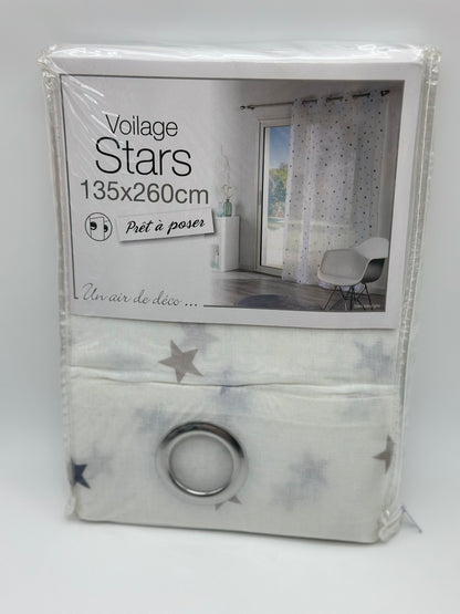 Voilage tamisant, Stars bleu et blanc l.135 x H.260 cm