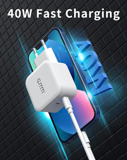 GMM Chargeur USB C PD - Double bloc d'alimentation USB C - 2 x 20 W - Charge rapide USB C - Double USB C - Compatible avec iPhone 13/12/11, Samsung Galaxy, iPad/iPad Mini, Xiaomi Note 11