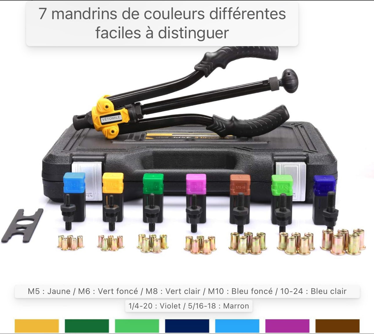 Outil d'écrou de rivet de 14" avec mandrins métriques et en pouces et 35 écrou à rivets VETOMILE