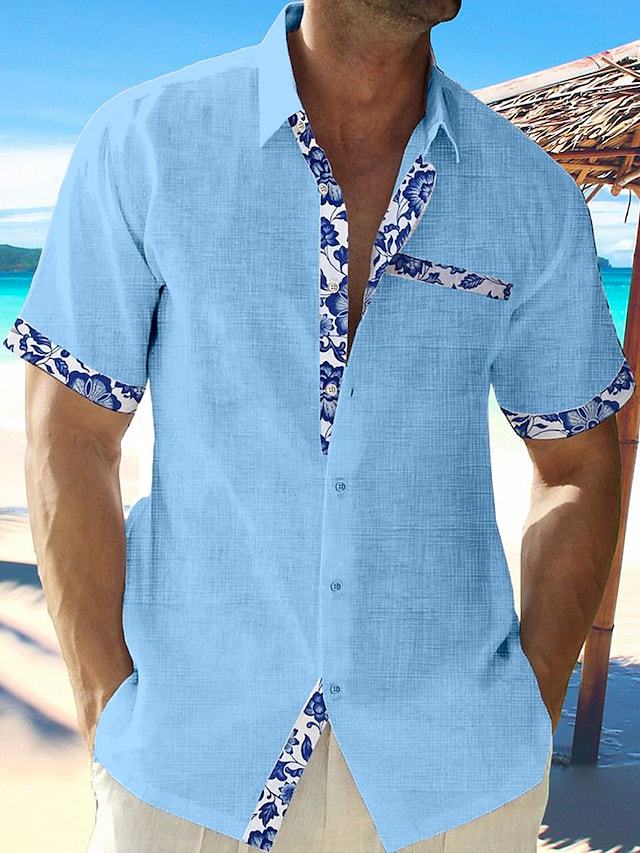 Chemise "Riviera-Floral" – Manches Courtes, Texture Lin & Détails Imprimés