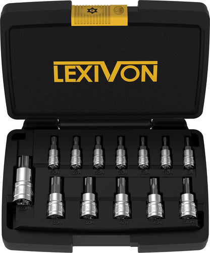 Set de 13 Douilles Tamper Proof Torx | Jeu de Sécurité douilles à embouts étoilé, taille de T8, T10, T15, T20, T25, T27, T30 T40, T45, T47, T50, T60 | entraînement 1/4 3/8 1/2, pour clés et perceuses