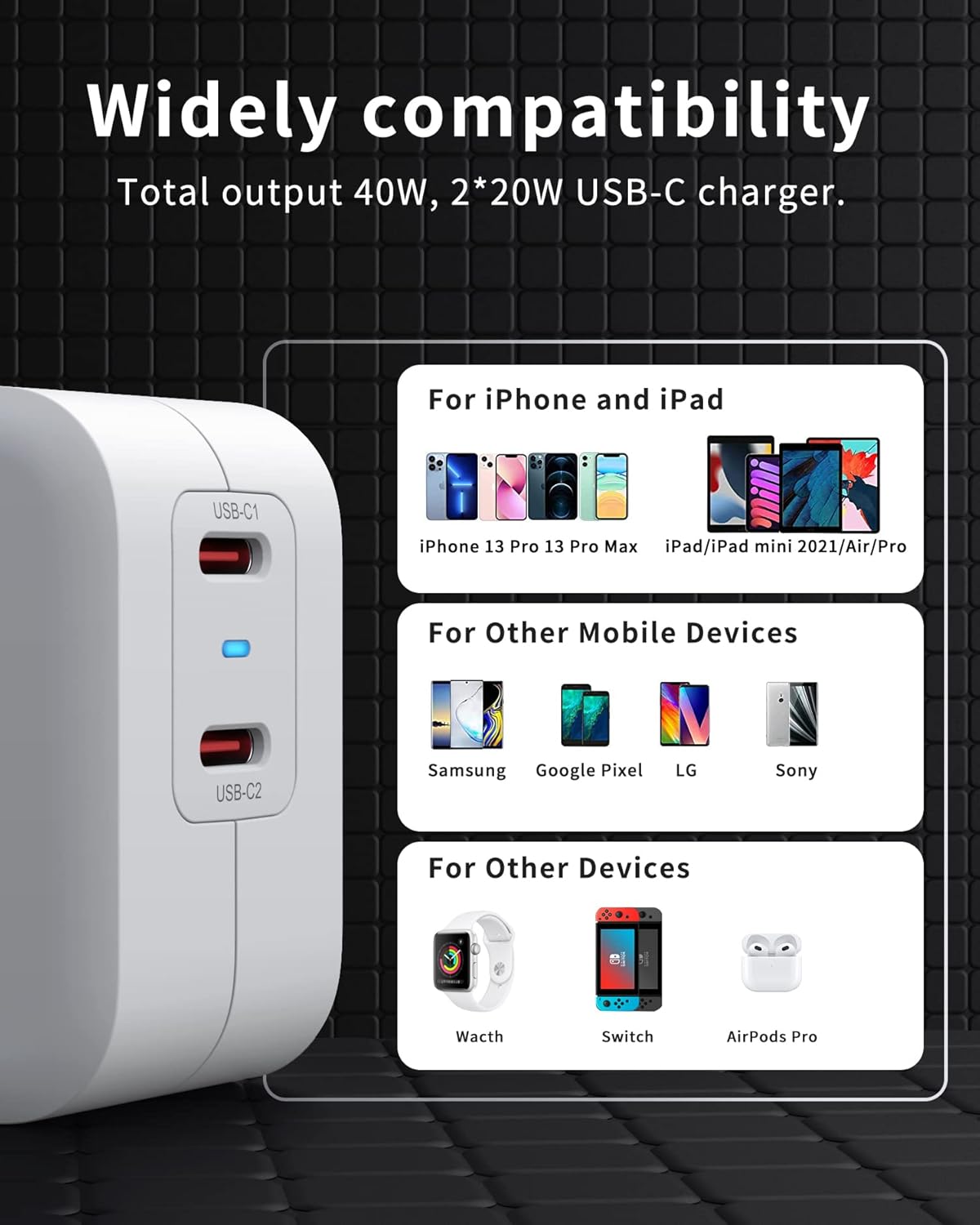 Chargeur USB C 40W, Dual USB-C Chargeur Rapide, 2 Ports PD 3.0 Chargeur 20W Compatible avec iPhone 13, 13 Pro, 13 Pro Max, iPhone 13 Mini