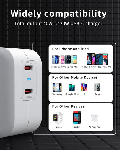 Chargeur USB C 40W, Dual USB-C Chargeur Rapide, 2 Ports PD 3.0 Chargeur 20W Compatible avec iPhone 13, 13 Pro, 13 Pro Max, iPhone 13 Mini