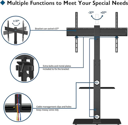 Support TV sur Pied pour 30-70 Pouces Montage au Sol Téléviseurs Incurvés Plats LED OLED LCD jusqu'à 40 kg, Pivotant Hauteur Réglable avec 2 Etagères, Max VESA 600x400 mm