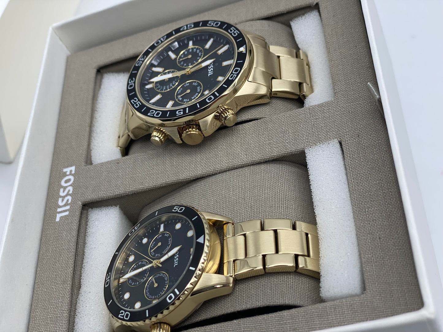 Coffret Montre Fossil Homme & Femme Acier Inoxydable Dorée Multifonctions Neuves