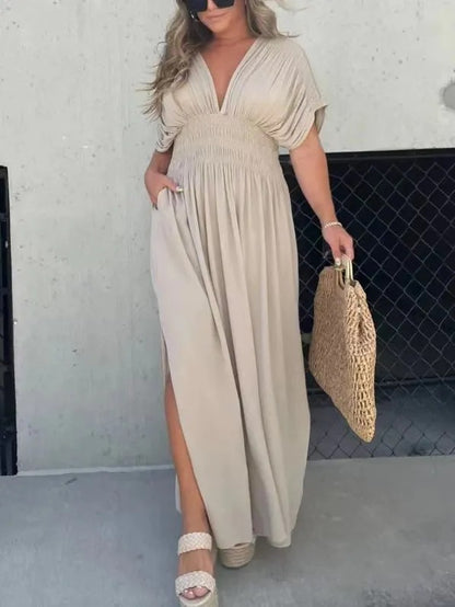 Robe Maxi "Manhattan-Flow" – Manches Chauve-souris, Col en V & Taille Élastique