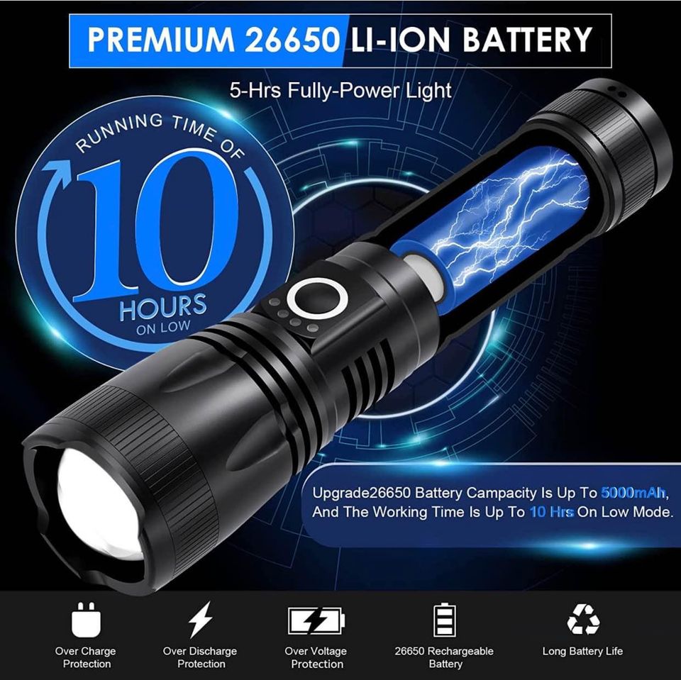 Lampe Torche Led Ultra Puissante, 10000 Lumens Zoomable étanche à l’eau neuve piles/rechargeable