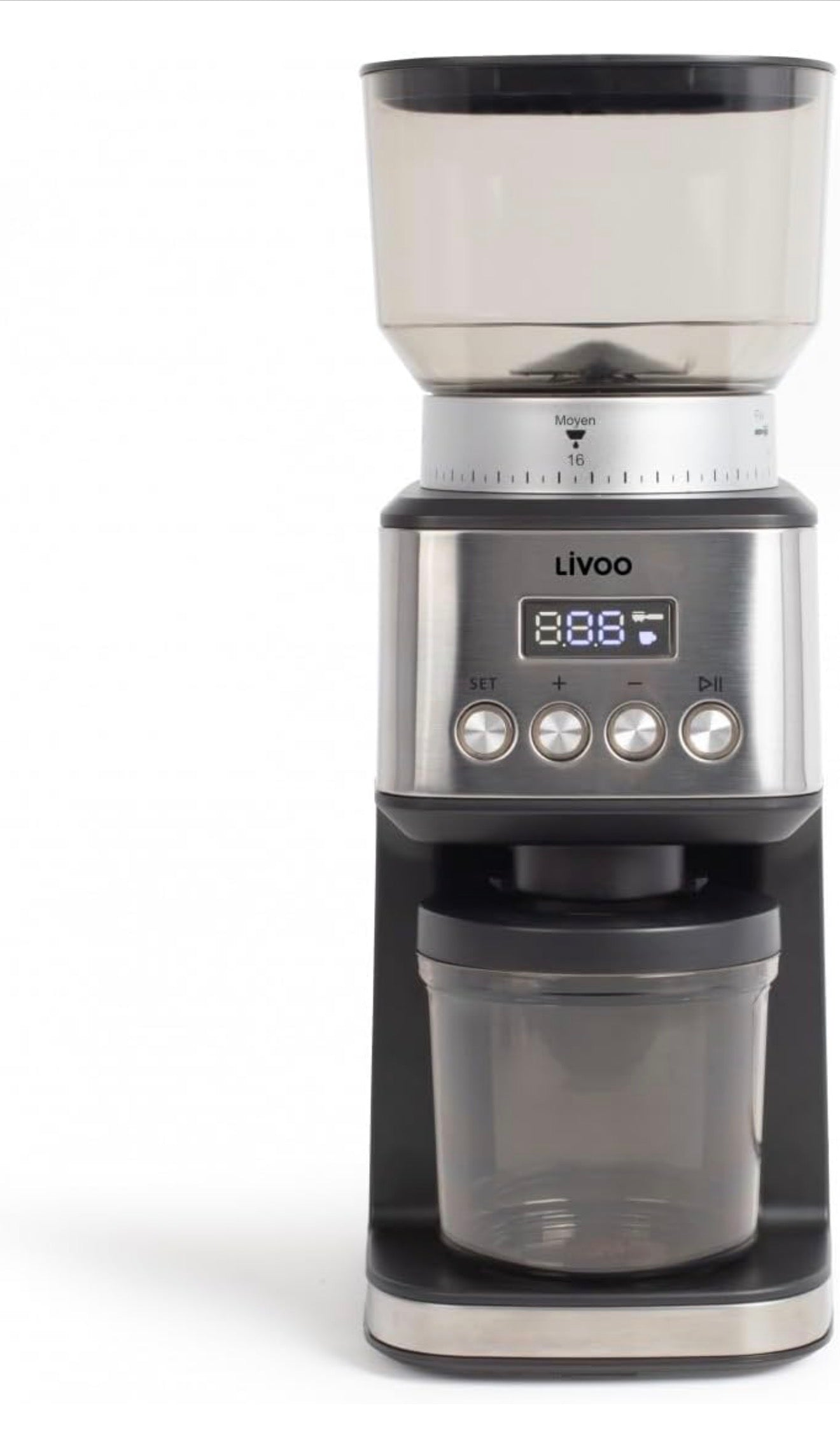 Livoo, Moulin à café électrique DOD191, Puissance 180 W, 600 tours par minute, 31 réglages de mouture, Capacité du réservoir à grains 320 g et café moulu 130 g, 10 tasses