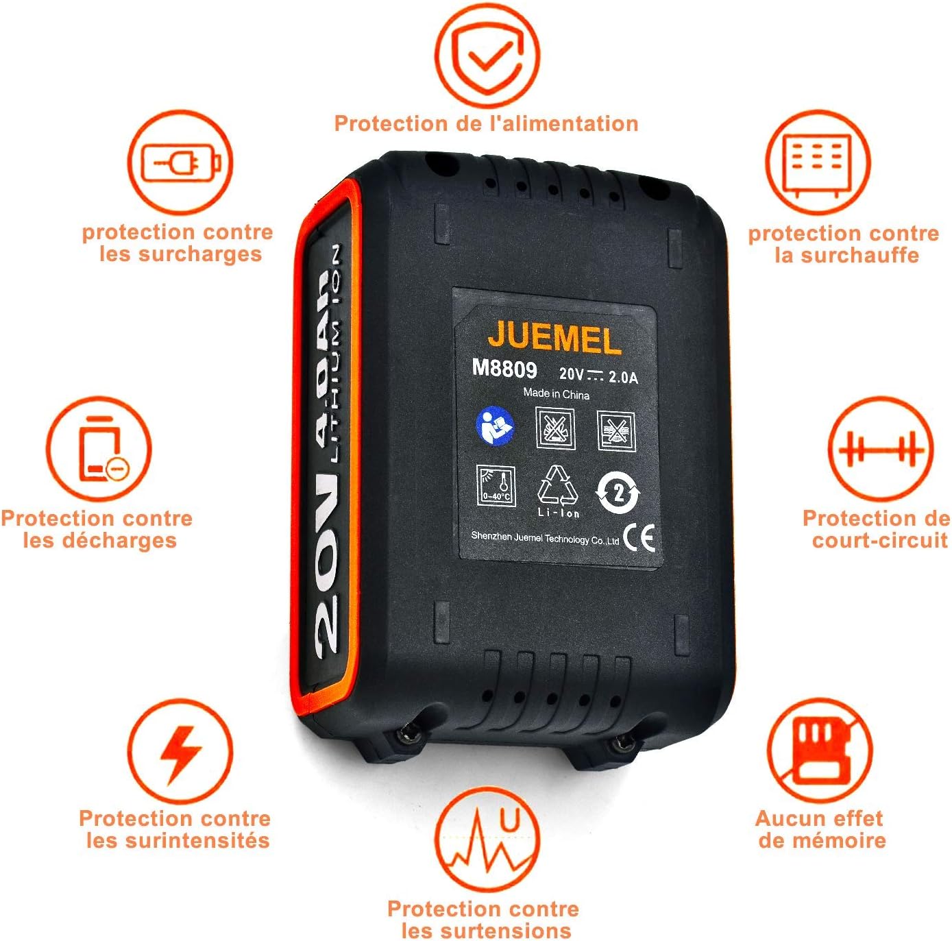 Batterie de remplacement Li-ion JUEMEL 20V 4.0Ah XR pour outils à clé à chocs sans fil JUEMEL M8808 uniquement