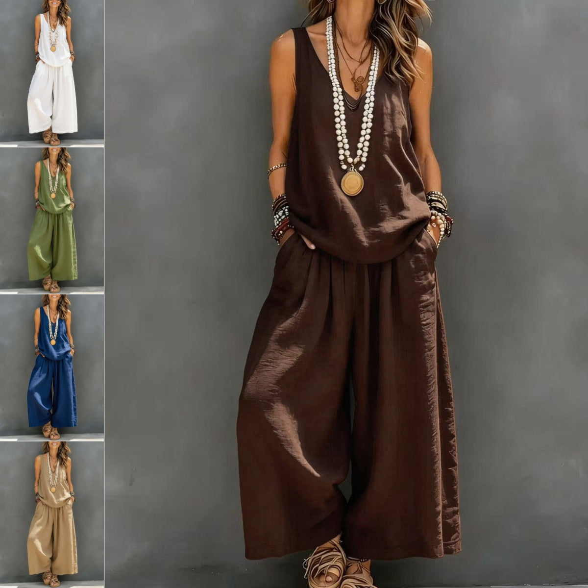 Débardeur décontracté sans manches de couleur unie pour femmes et pantalon à lambes larges Ensemble en lin de coton pour vêtements de tous les jours Tenue de vacances