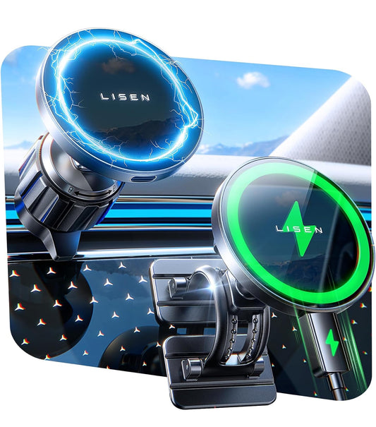 LISEN 15W Support Telephone Voiture Induction, Chargeur Magsafe Voiture【Rotation à 360°/Puce Intelligente】 Telephone Voiture Magnétique Chargeur sans Fil Voiture pour iPhone 15 14 13 Pro Max Samsung