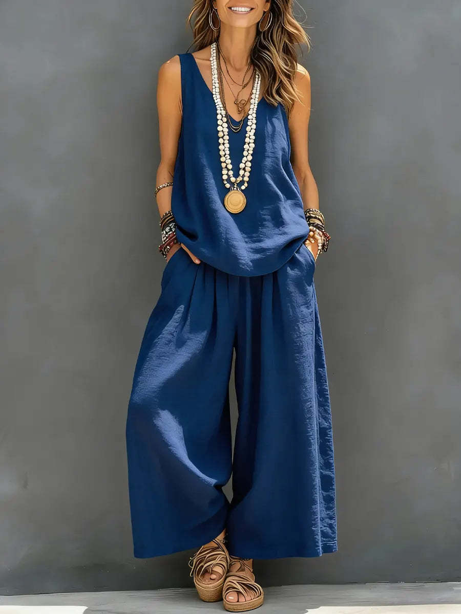 Débardeur décontracté sans manches de couleur unie pour femmes et pantalon à lambes larges Ensemble en lin de coton pour vêtements de tous les jours Tenue de vacances