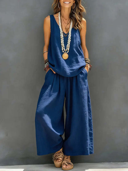 Débardeur décontracté sans manches de couleur unie pour femmes et pantalon à lambes larges Ensemble en lin de coton pour vêtements de tous les jours Tenue de vacances