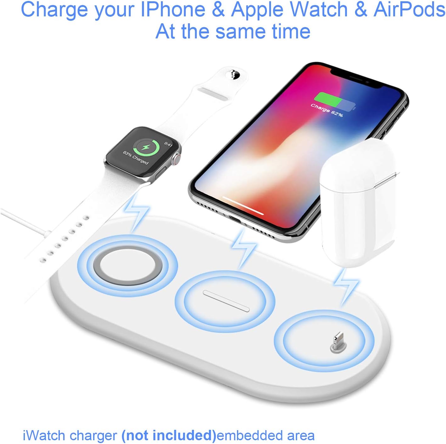 Chargeur sans Fil Rapide, Chargeur à Induction Fast Qi Station de Charge pour A pple Watch 5/4/3/2/1 iPhone11/Pro/X/XR/XS/8/Plus, AirPods1,2 AirPods Pro Samsung Galaxy S10 / S9 / S8, Note 10/9 3 en 1