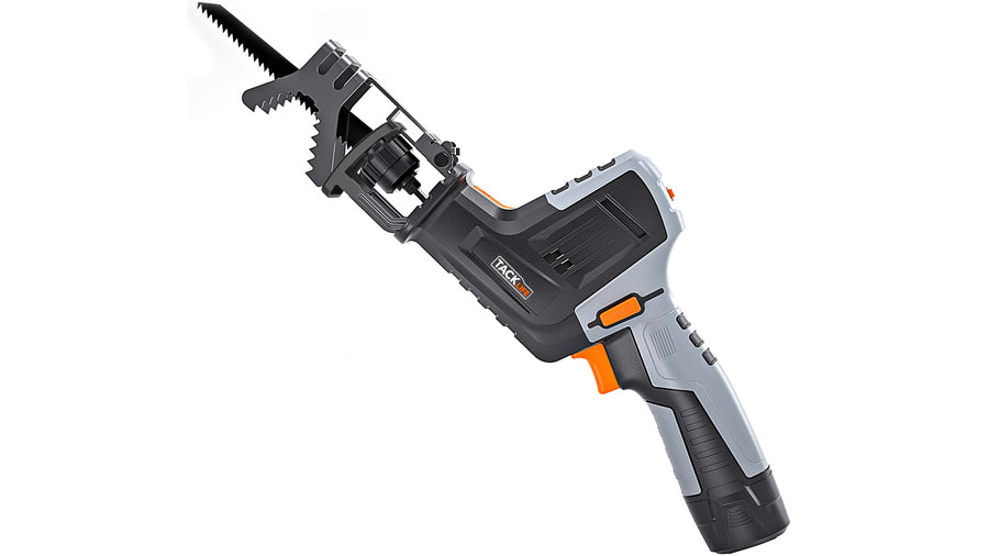 TACKLIFE Scie Sabre Professionnelle 12V avec Batterie 1500mAh Ions Lithium, Scie à Arbre sans Fil, Mâchoire de Serrage, Vitesse Réglables