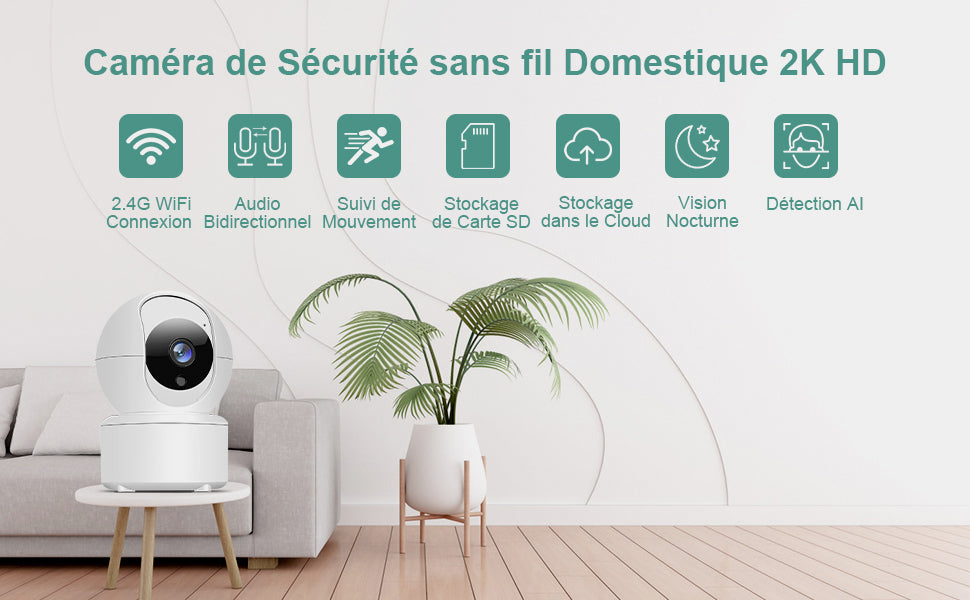 Camera Surveillance WiFi intérieure 2K HD Alarme, sans Fil Vision Nocturne, Audio bidirectionnel
