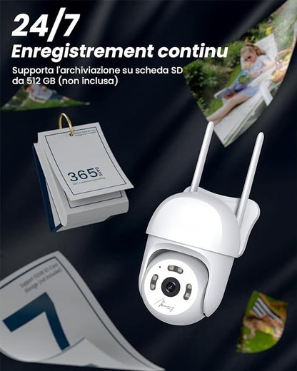 Caméra Surveillance 4MP 360° WiFi Exterieure, PTZ Caméra IP, Suivi Automatique Pan 355° Tilt 90°, Vision Nocturne Couleur, PIR Détection de Mouvement, Audio Bidirectionnel, PC/Sirène/IP65