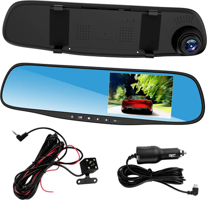 Dash cam 4.3 "1080p à Double Objectif Voiture Auto DVR Miroir Dash Cam enregistreur + Kit caméra de Vue arrière