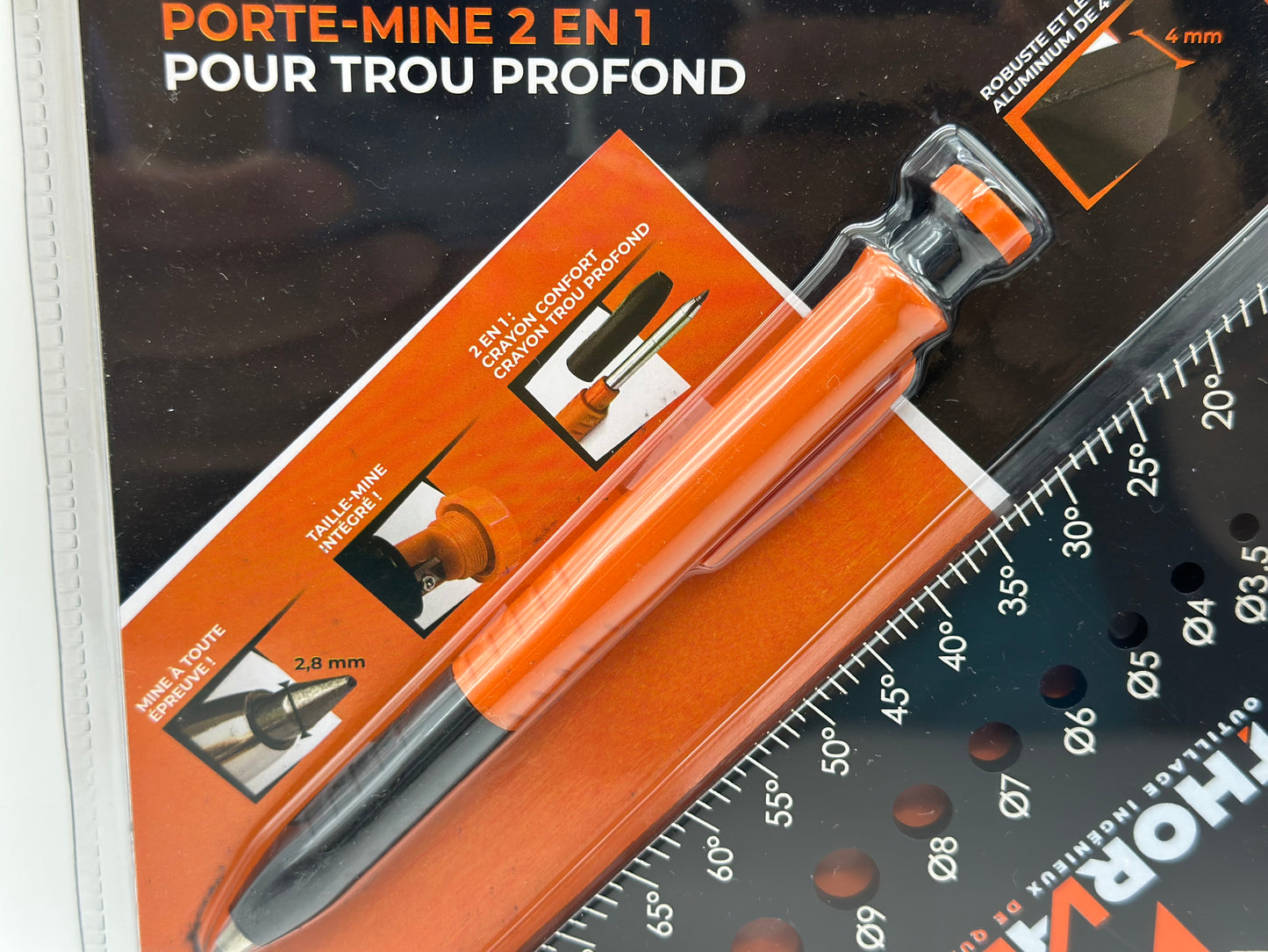 5 en 1 Equerre Menuisier 180 mm - Inclus Crayon Chantier - Multifonction : Trusquin / Raporteur / Gabarit de percage / Equerre a chapeau - Aluminium