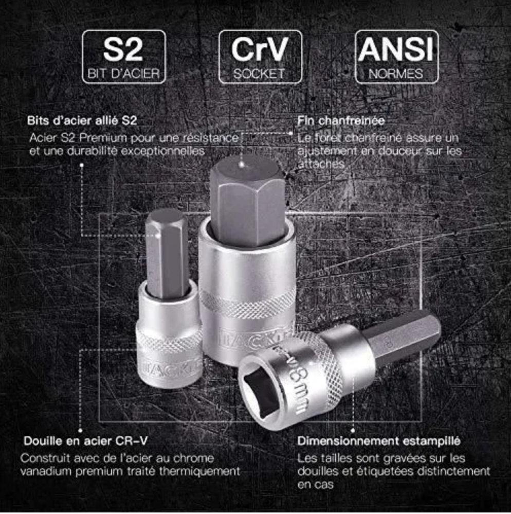 33 Pcs Jeu de Douilles TACKLIFE , 1/2" 1/4" 3/8", 16 Douilles Etoile Torx + 17 Embouts Hexagonaux Métriques HBS1C