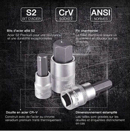 33 Pcs Jeu de Douilles TACKLIFE , 1/2" 1/4" 3/8", 16 Douilles Etoile Torx + 17 Embouts Hexagonaux Métriques HBS1C