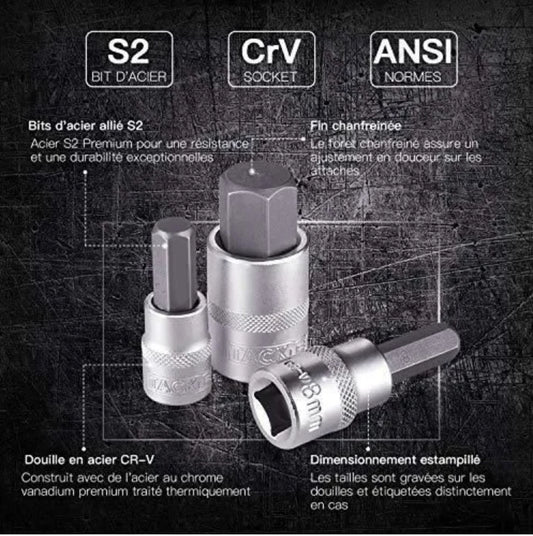 33 Pcs Jeu de Douilles TACKLIFE , 1/2" 1/4" 3/8", 16 Douilles Etoile Torx + 17 Embouts Hexagonaux Métriques HBS1C