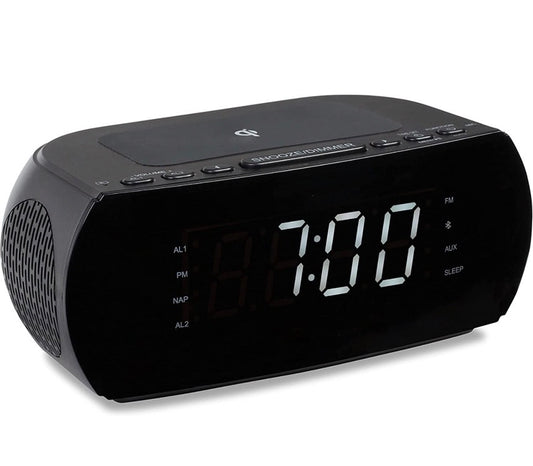 MEDION Radio-réveil avec Station de Charge sans Fil (Radio-réveil FM numérique, Qi Pad de Charge Rapide pour Smartphones, Bluetooth, Sleep Timer, réveil, variateur, AUX, USB) Noir