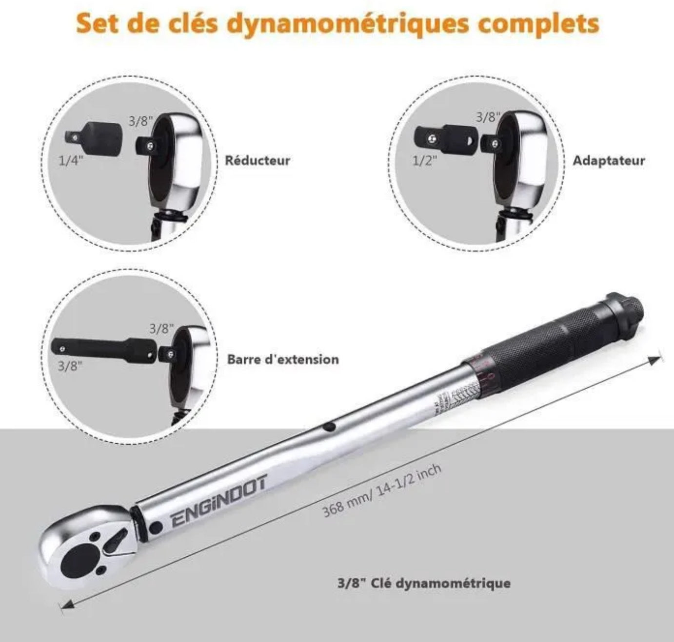 Clé Dynamométrique 3/8″ (19-110Nm) ENGINDOT, Convertisseur de Couple, Adaptateur, Barre d’extension en Coffret – HTW1B