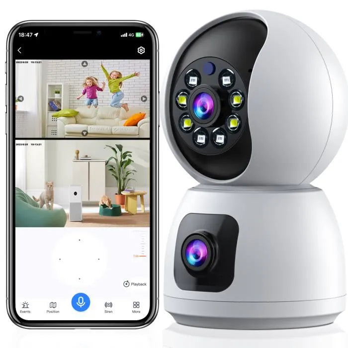Caméra Surveillance WiFi Sans Fil Interieur 2MP+2MP Double Objectif Babyphone