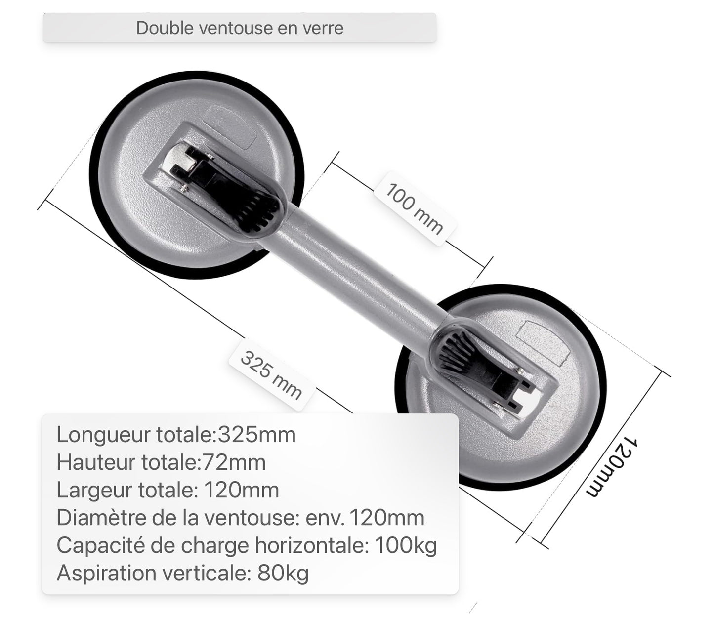 Ventouse en verre en aluminium Ventouse en verre Ventouse Porte-ventouse en caoutchouc 120 mm, max.80 /100kg