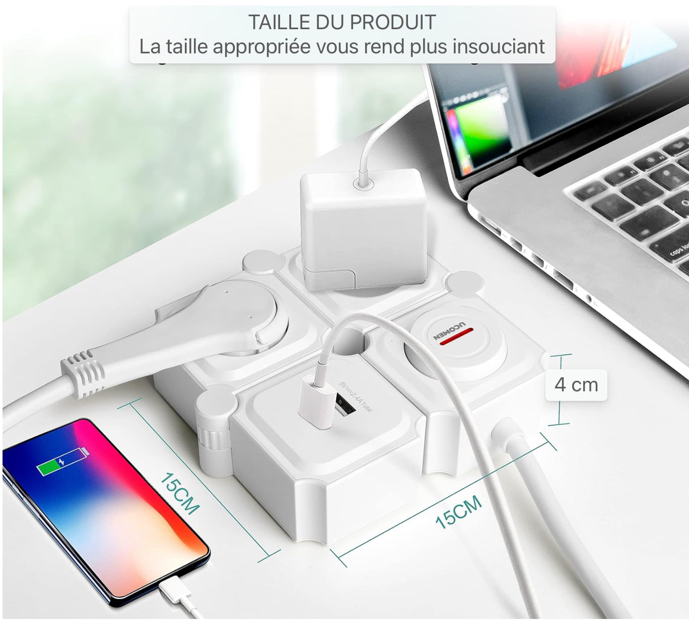 Multiprise Protection contre les surtensions Prise multiple avec fonction de charge USB, adaptateur de prise à 2 compartiments, répartiteur de prise à rotation de 180 degrés pour voyage avec interrupteur, à la maison 3680W 16A, blanc