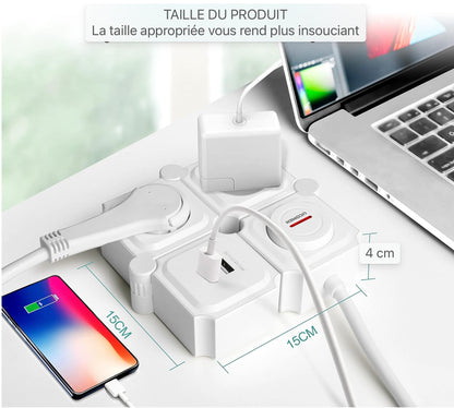Multiprise Protection contre les surtensions Prise multiple avec fonction de charge USB, adaptateur de prise à 2 compartiments, répartiteur de prise à rotation de 180 degrés pour voyage avec interrupteur, à la maison 3680W 16A, blanc
