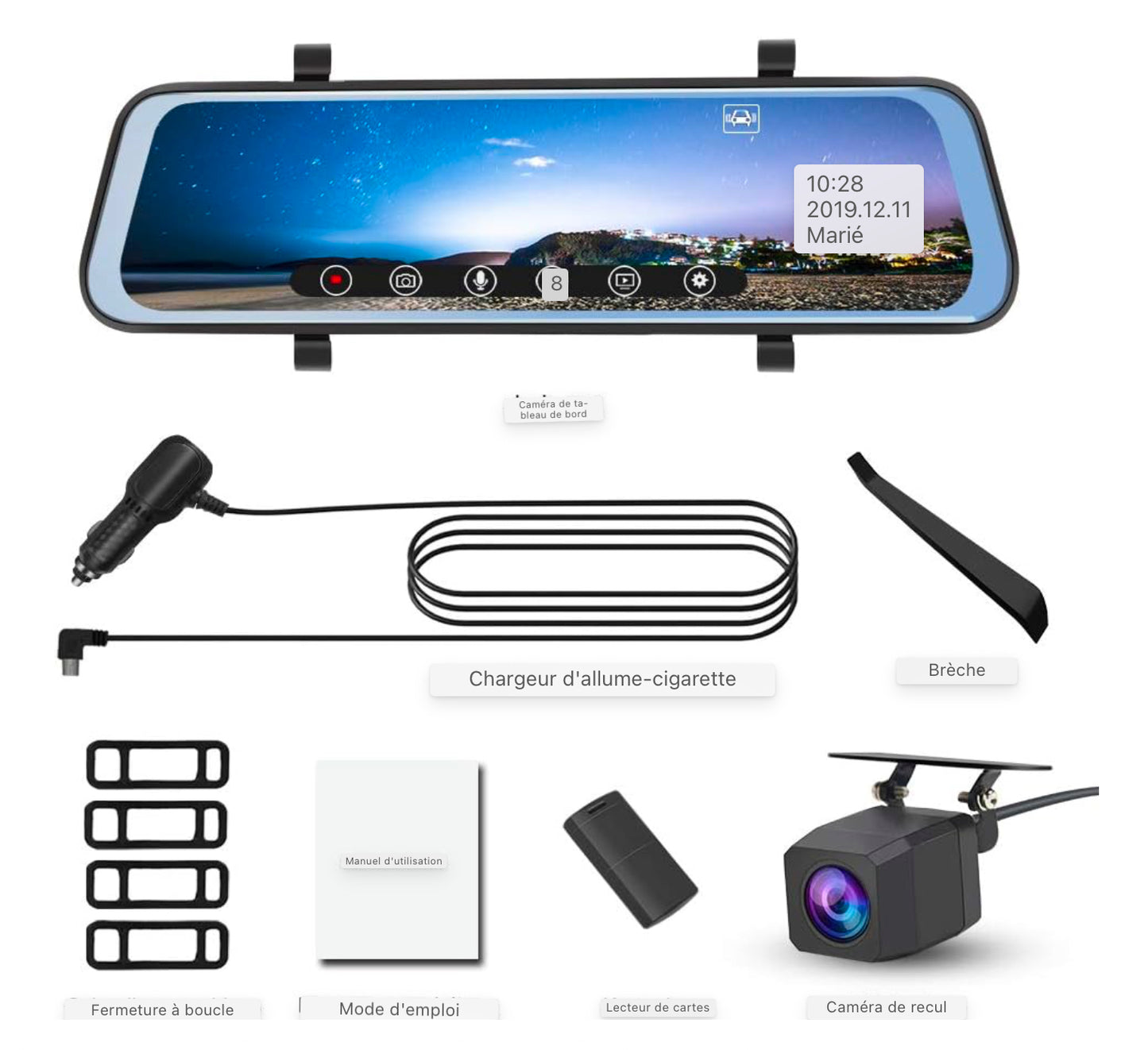 Caméra de rétroviseur AWESAFE Double écran tactile 1080P 10 pouces FHD 170° grand angle avec vision nocturne, mode stationnement, détection de mouvement, enregistrement en boucle, capteur G