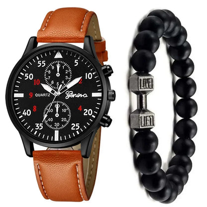 4/2/1pcs Hommes Sports Montres Set Homme Business Quartz Wristwatch Luxury Bracelet en cuir marron Montre décontractée pour hommes (pas de boîte)
