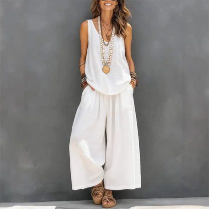 Débardeur décontracté sans manches de couleur unie pour femmes et pantalon à lambes larges Ensemble en lin de coton pour vêtements de tous les jours Tenue de vacances