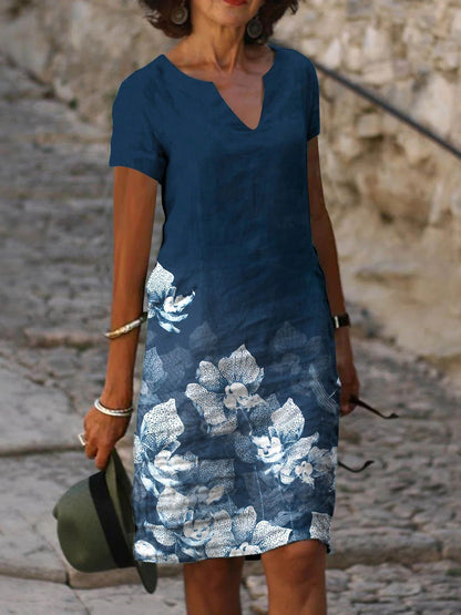 Robe "Gipsy-Linen" – Mi-Longue, Col en V & Imprimé Floral Artistique