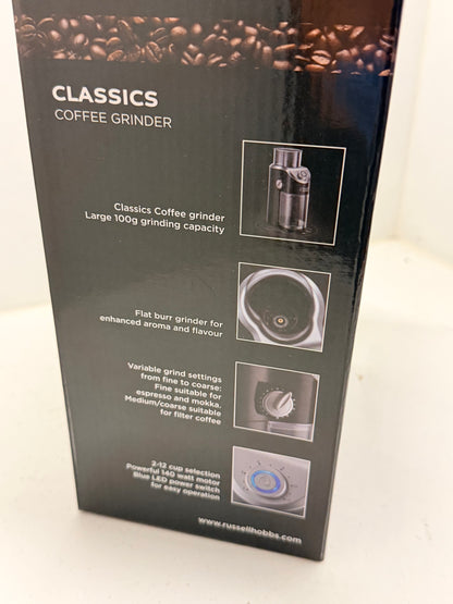 Russell Hobbs Moulin à café [électrique à meule plate] Classics (réglages variables de mouture: fine à grossière, 2 à 12 tasses, pour grains de café, noix, épices, céréales, indicateur LED) 23120-56