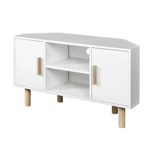 Meuble TV d'angle - 2 portes - Décor mélaminé Blanc - Pieds en bois massif - L90 x P35 x H55 cm neuf