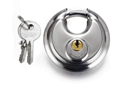 Cadenas en acier inoxydable Forme ronde 70 mm grande Distribution gâteau Lock entrepôt Porte Disc Chaîne antivol Serrure avec 2 clés