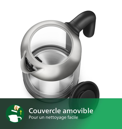 Philips Série 5000 Bouilloire Électrique en Verre - Capacité 1,7L, Résistance Plate pour Ébullition Rapide, Tamis Anti-Calcaire, Base 360° Sans Fil, Couvercle Amovible, Voyant Bleu (HD9339/80)