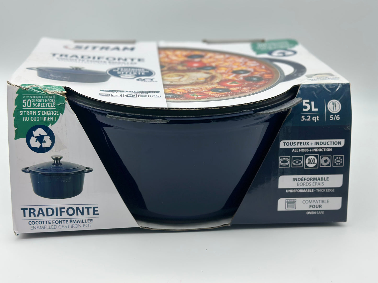 SITRAM Cocotte induction fonte émaillée recyclée ronde 5 L bleu/rouge 25 x 12 cm neuve
