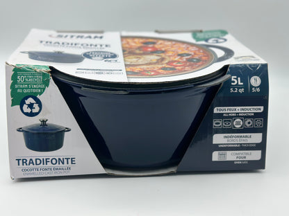 SITRAM Cocotte induction fonte émaillée recyclée ronde 5 L bleu/rouge 25 x 12 cm neuve