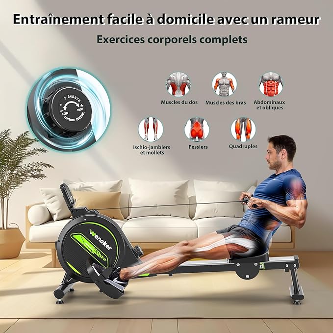 Rameur magnétique Pliable pour la Maison 2025 Mise à Jour,capacité de Poids de 160 kg,Silencieux et Lisse avec Support de Tablette pour écran LCD et Coussin de siège Confortable