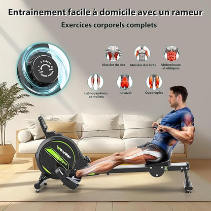 Rameur magnétique Pliable pour la Maison 2025 Mise à Jour,capacité de Poids de 160 kg,Silencieux et Lisse avec Support de Tablette pour écran LCD et Coussin de siège Confortable