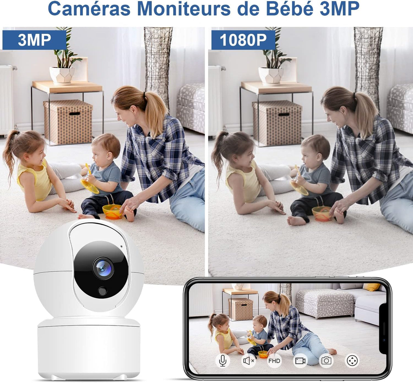 Camera Surveillance WiFi intérieure 2K HD Alarme, sans Fil Vision Nocturne, Audio bidirectionnel